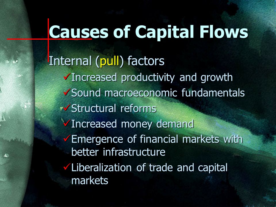 Causes of Capital Flows Internal (pull) factors Increased productivity and growth Increased productivity and growth Sound macroeconomic fundamentals Sound macroeconomic fundamentals Structural reforms Structural reforms Increased money demand Increased money demand Emergence of financial markets with better infrastructure Emergence of financial markets with better infrastructure Liberalization of trade and capital markets Liberalization of trade and capital markets