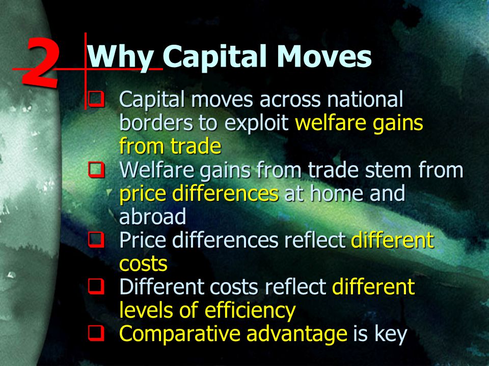 Why Capital Moves  Capital moves across national borders to exploit welfare gains from trade  Welfare gains from trade stem from price differences at home and abroad  Price differences reflect different costs  Different costs reflect different levels of efficiency  Comparative advantage is key 2