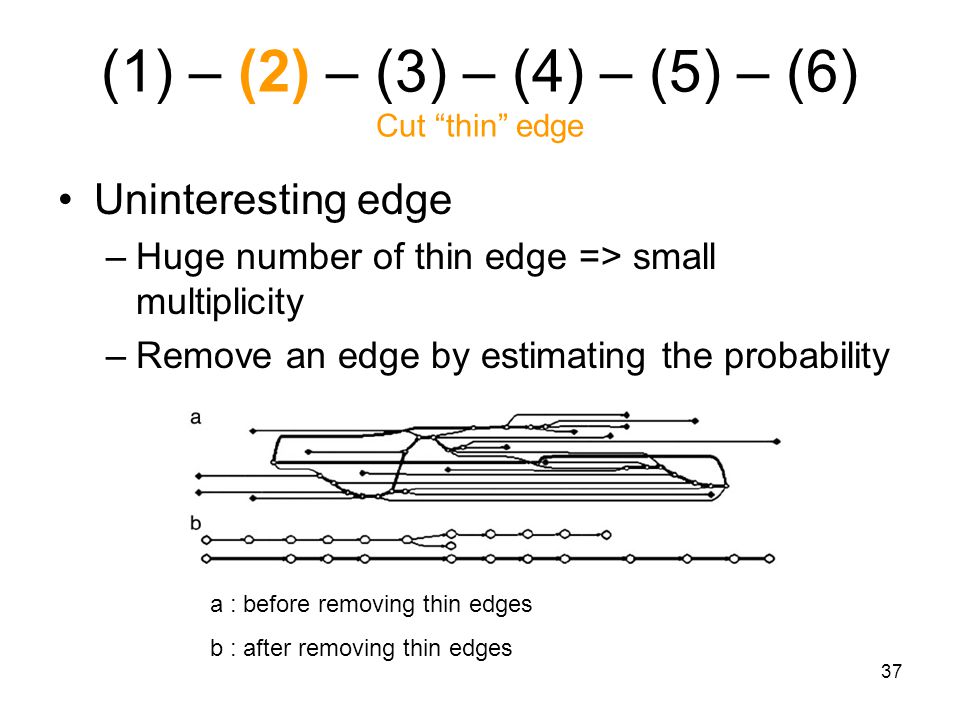 37 (1) – (2) – (3) – (4) – (5) – (6) Cut thin edge Uninteresting edge –Huge number of thin edge => small multiplicity –Remove an edge by estimating the probability a : before removing thin edges b : after removing thin edges