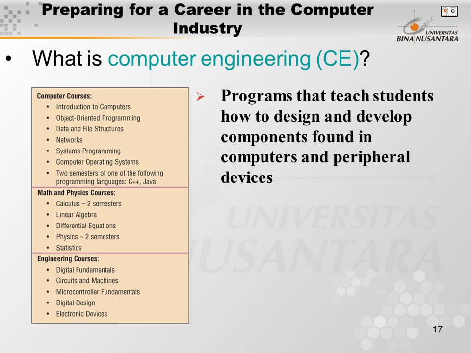 17 Preparing for a Career in the Computer Industry What is computer engineering (CE).