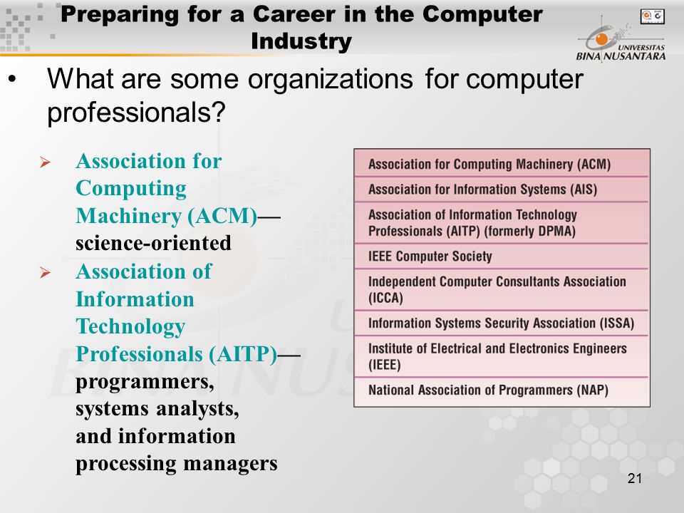 21 Preparing for a Career in the Computer Industry What are some organizations for computer professionals.
