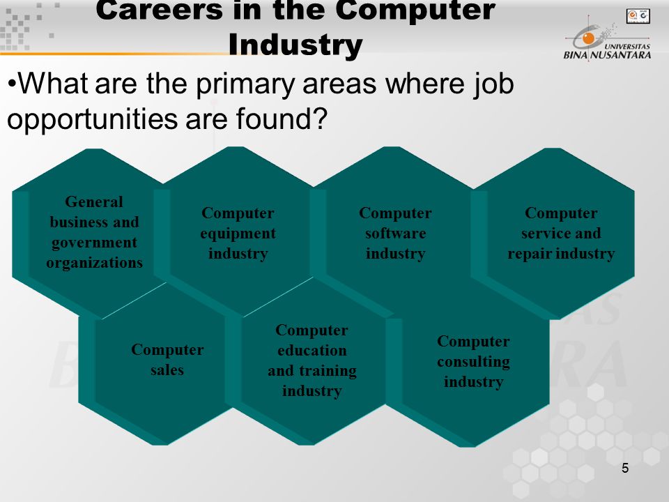 5 Careers in the Computer Industry What are the primary areas where job opportunities are found.