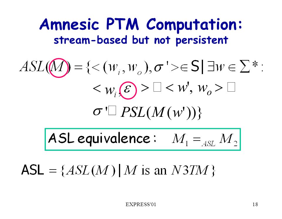 EXPRESS 0118 Amnesic PTM Computation: stream-based but not persistent ))} (( , wMPSL w i    w , w o    