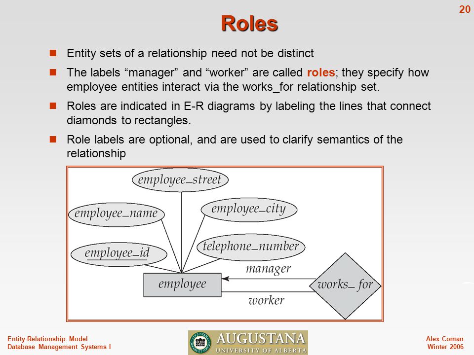 Alex Coman Winter Entity-Relationship Model Database Management Systems I Roles Entity sets of a relationship need not be distinct The labels manager and worker are called roles; they specify how employee entities interact via the works_for relationship set.