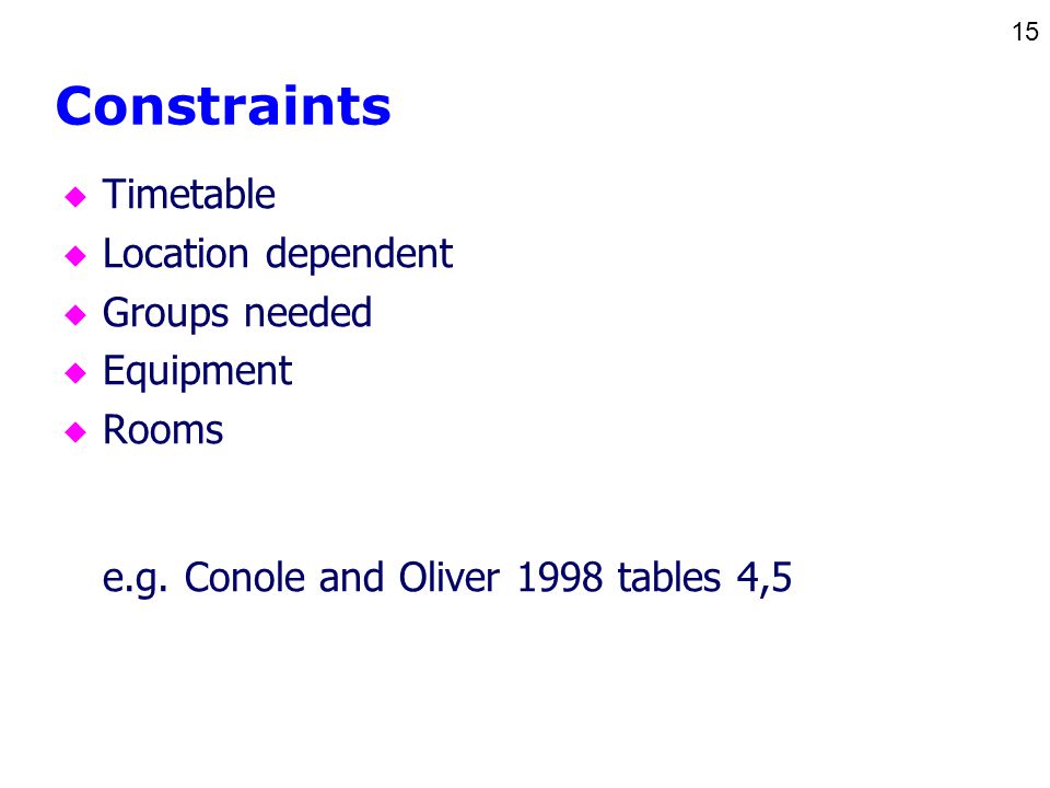 15 Constraints u Timetable u Location dependent u Groups needed u Equipment u Rooms e.g.