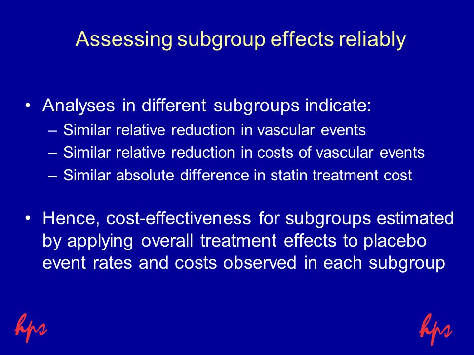Assessing subgroup effects reliably Analyses in different subgroups indicate: –Similar relative reduction in vascular events –Similar relative reduction in costs of vascular events –Similar absolute difference in statin treatment cost Hence, cost-effectiveness for subgroups estimated by applying overall treatment effects to placebo event rates and costs observed in each subgroup