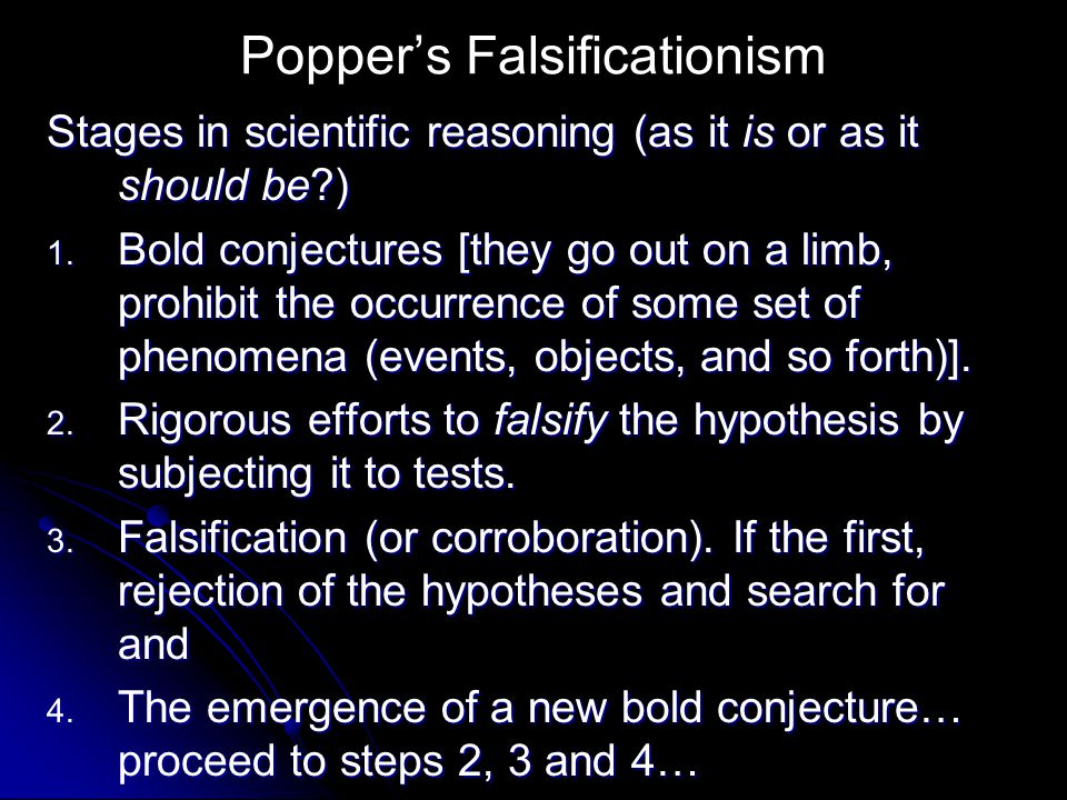 Popper’s Falsificationism Stages in scientific reasoning (as it is or as it should be ) 1.