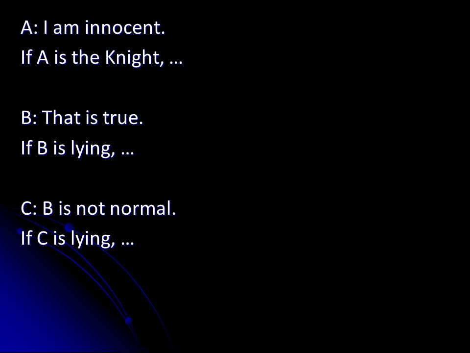A: I am innocent. If A is the Knight, … B: That is true.