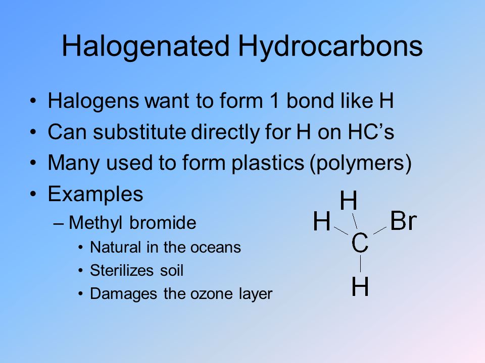 Halogenated Hydrocarbons And Addition Polymers Halogenated Hydrocarbons Halogens Want To Form 1 Bond Like H Can Substitute Directly For H On Hc S Many Ppt Download