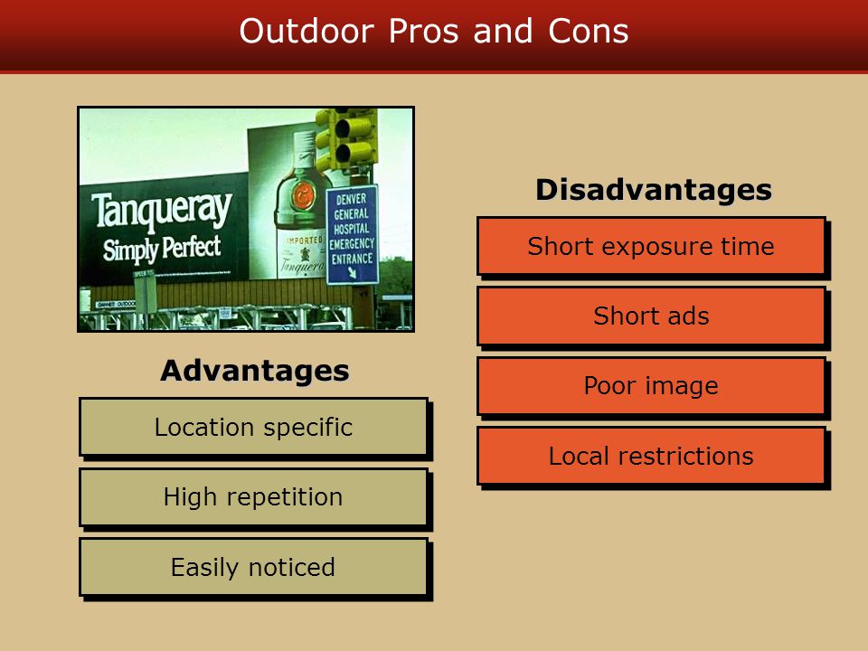 Outdoor Pros and Cons Location specific High repetition Easily noticed Advantages Short ads Local restrictions Short exposure time Poor image Disadvantages