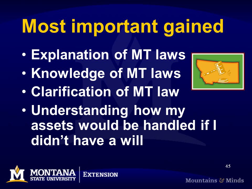 45 Most important gained Explanation of MT laws Knowledge of MT laws Clarification of MT law Understanding how my assets would be handled if I didn’t have a will