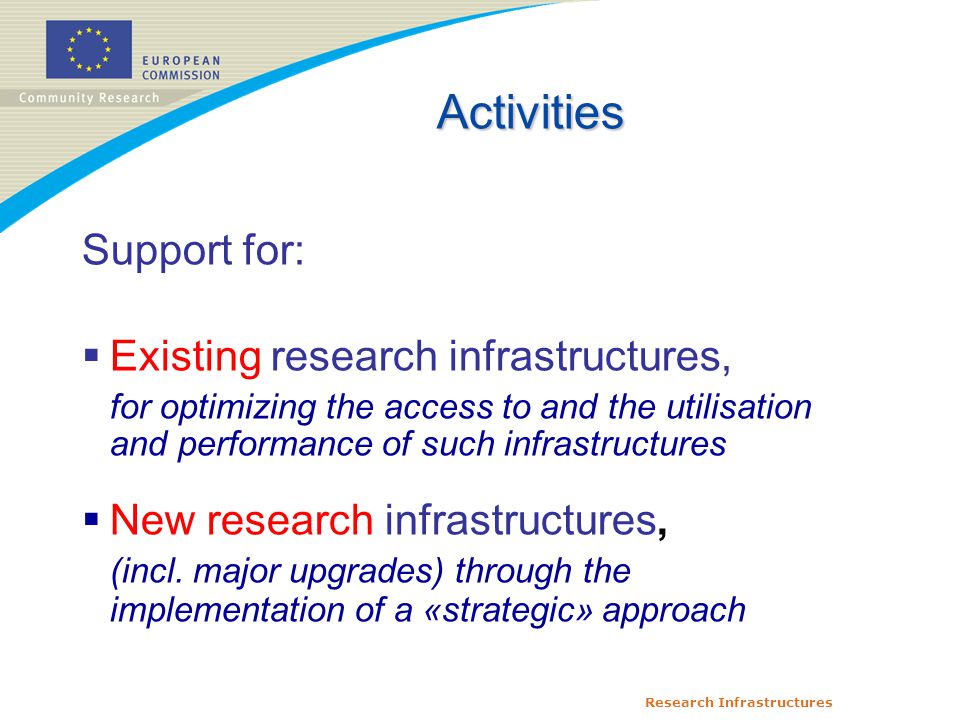 Research Infrastructures Activities Support for:  Existing research infrastructures, for optimizing the access to and the utilisation and performance of such infrastructures  New research infrastructures, (incl.