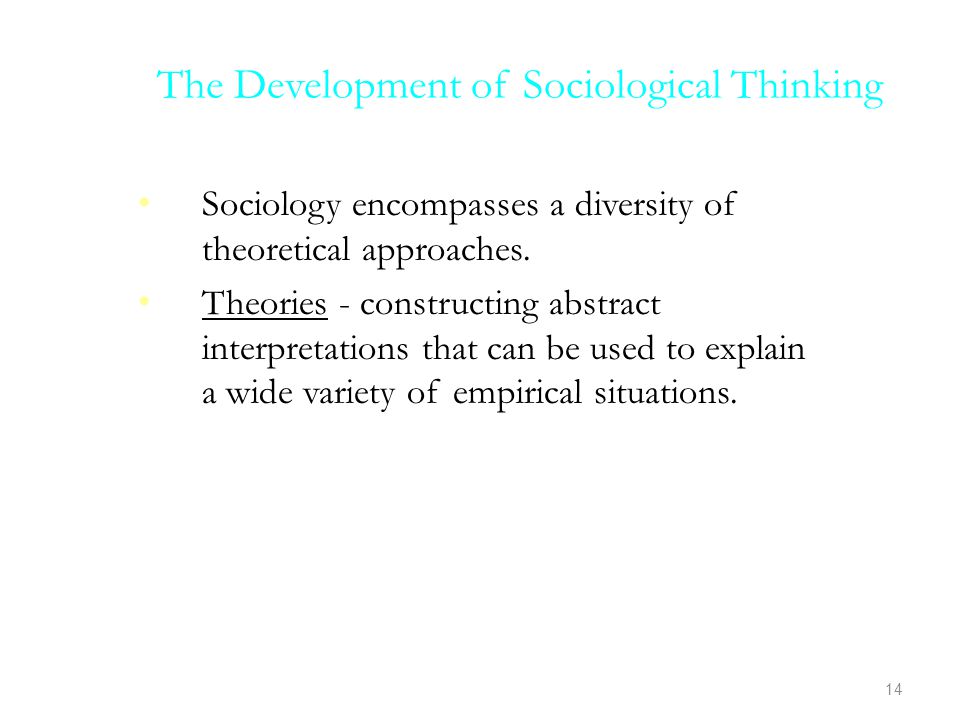 The Development of Sociological Thinking Sociology encompasses a diversity of theoretical approaches.