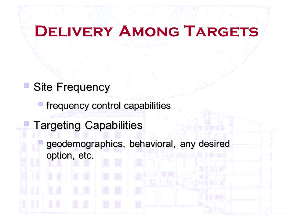 Delivery Among Targets  Site Frequency  frequency control capabilities  Targeting Capabilities  geodemographics, behavioral, any desired option, etc.