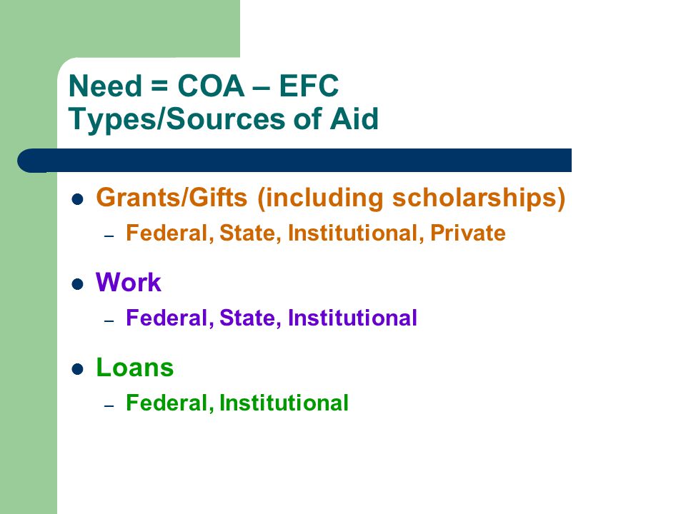 Need = COA – EFC Types/Sources of Aid Grants/Gifts (including scholarships) – Federal, State, Institutional, Private Work – Federal, State, Institutional Loans – Federal, Institutional