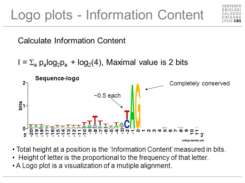 Logo plots - Information Content Sequence-logo Calculate Information Content I =  a  p a log 2 p a + log 2 (4), Maximal value is 2 bits Total height at a position is the ‘Information Content’ measured in bits.
