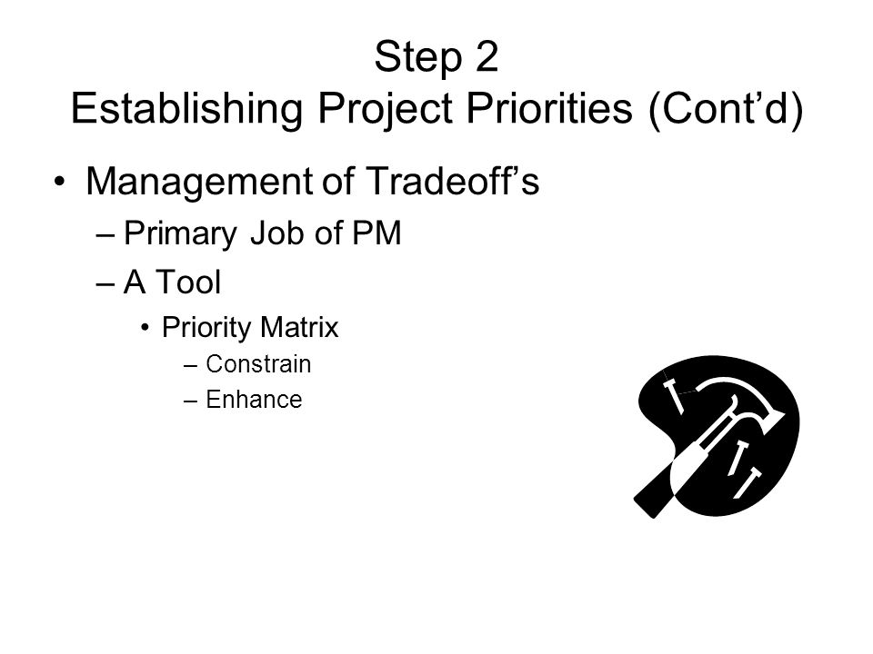 Step 2 Establishing Project Priorities (Cont’d) Management of Tradeoff’s –Primary Job of PM –A Tool Priority Matrix –Constrain –Enhance
