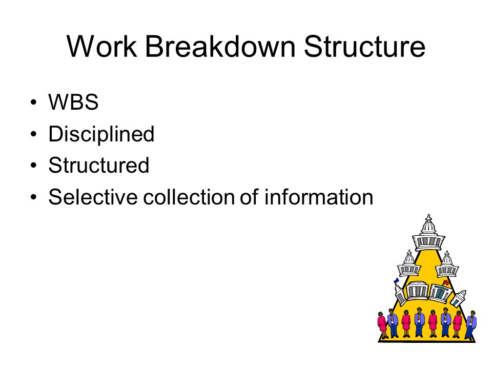 Work Breakdown Structure WBS Disciplined Structured Selective collection of information