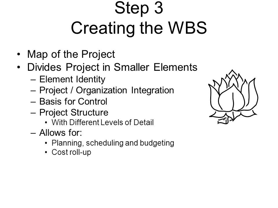 Step 3 Creating the WBS Map of the Project Divides Project in Smaller Elements –Element Identity –Project / Organization Integration –Basis for Control –Project Structure With Different Levels of Detail –Allows for: Planning, scheduling and budgeting Cost roll-up