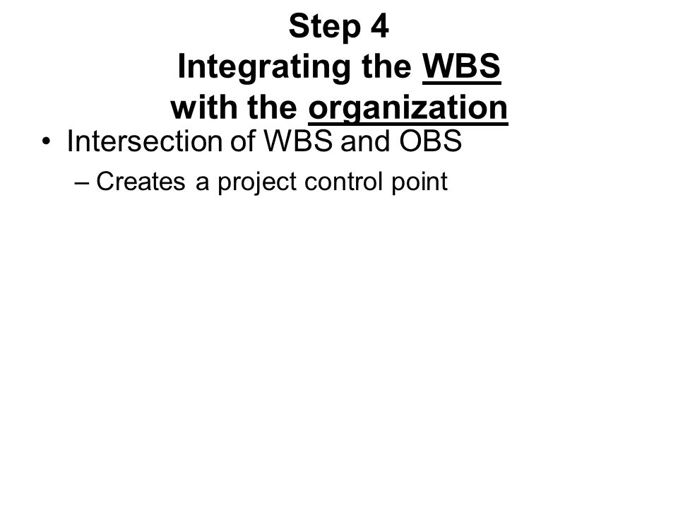 Step 4 Integrating the WBS with the organization Intersection of WBS and OBS –Creates a project control point