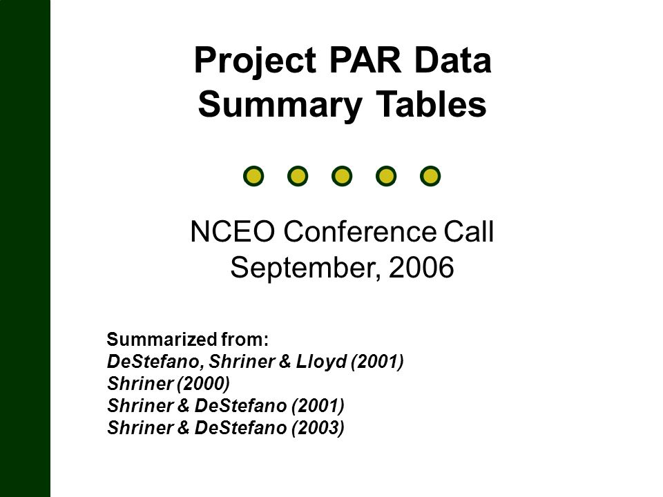 Project PAR Data Summary Tables NCEO Conference Call September, 2006 Summarized from: DeStefano, Shriner & Lloyd (2001) Shriner (2000) Shriner & DeStefano (2001) Shriner & DeStefano (2003)