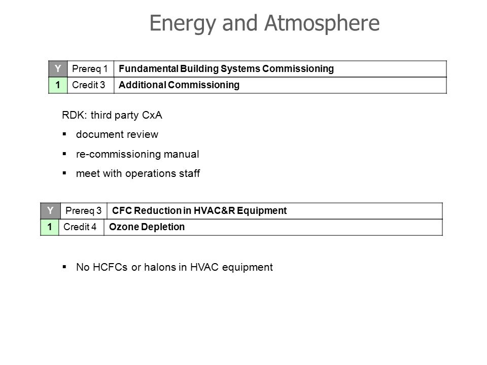 Energy and Atmosphere YPrereq 1Fundamental Building Systems Commissioning YPrereq 3CFC Reduction in HVAC&R Equipment 1Credit 3Additional Commissioning 1Credit 4Ozone Depletion 46 Blackstone, LEED Platinum  No HCFCs or halons in HVAC equipment RDK: third party CxA  document review  re-commissioning manual  meet with operations staff