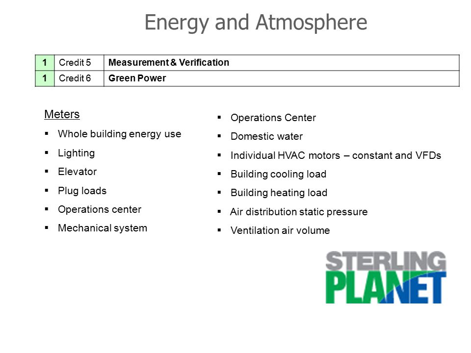 Energy and Atmosphere 1Credit 5Measurement & Verification 1Credit 6Green Power 46 Blackstone, LEED Platinum Meters  Whole building energy use  Lighting  Elevator  Plug loads  Operations center  Mechanical system  Operations Center  Domestic water  Individual HVAC motors – constant and VFDs  Building cooling load  Building heating load  Air distribution static pressure  Ventilation air volume