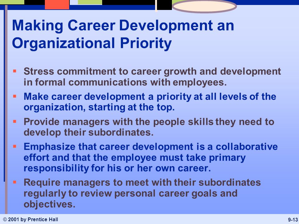 © 2001 by Prentice Hall 9-13 Making Career Development an Organizational Priority  Stress commitment to career growth and development in formal communications with employees.