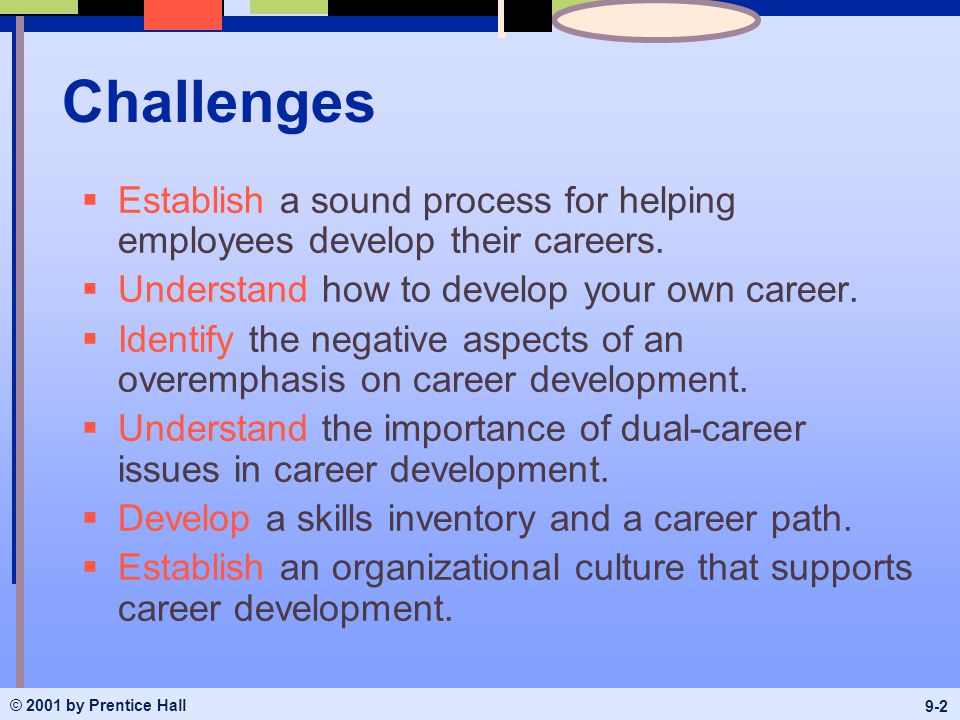 © 2001 by Prentice Hall 9-2 Challenges  Establish a sound process for helping employees develop their careers.