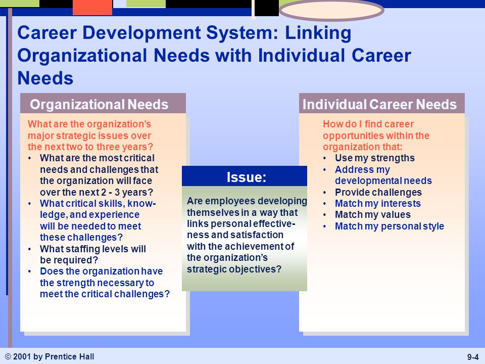 © 2001 by Prentice Hall 9-4 Career Development System: Linking Organizational Needs with Individual Career Needs What are the organization’s major strategic issues over the next two to three years.