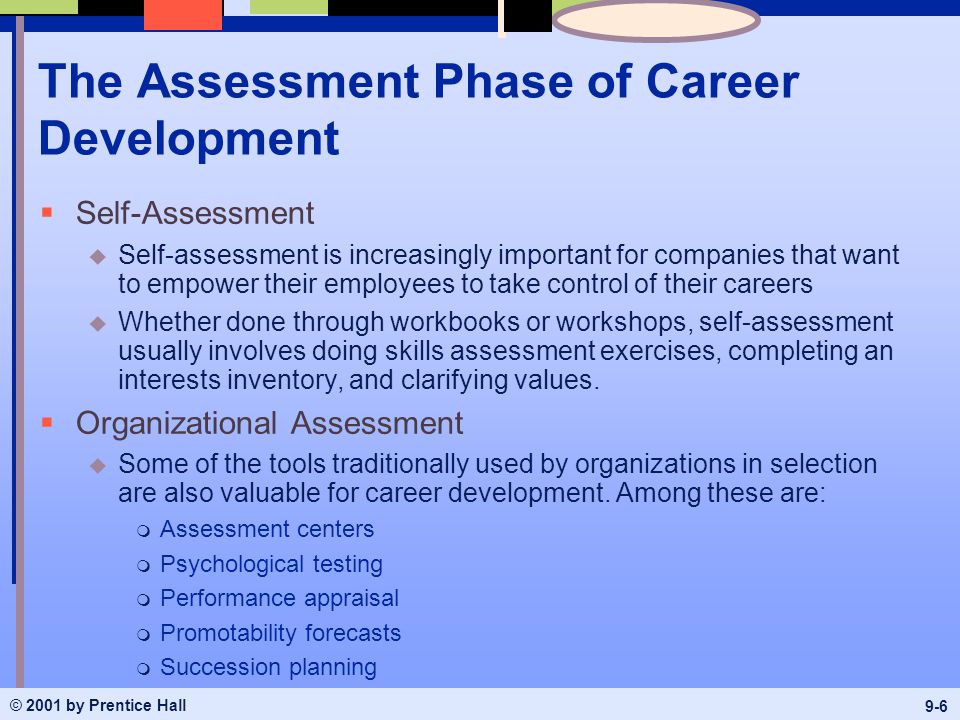 © 2001 by Prentice Hall 9-6 The Assessment Phase of Career Development  Self-Assessment u Self-assessment is increasingly important for companies that want to empower their employees to take control of their careers u Whether done through workbooks or workshops, self-assessment usually involves doing skills assessment exercises, completing an interests inventory, and clarifying values.