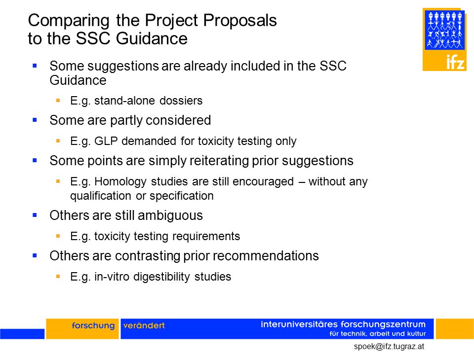 Comparing the Project Proposals to the SSC Guidance  Some suggestions are already included in the SSC Guidance  E.g.