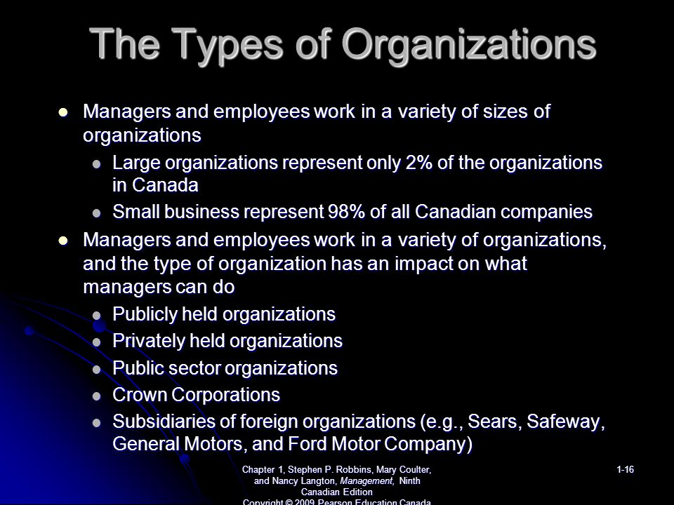 The Types of Organizations Managers and employees work in a variety of sizes of organizations Managers and employees work in a variety of sizes of organizations Large organizations represent only 2% of the organizations in Canada Large organizations represent only 2% of the organizations in Canada Small business represent 98% of all Canadian companies Small business represent 98% of all Canadian companies Managers and employees work in a variety of organizations, and the type of organization has an impact on what managers can do Managers and employees work in a variety of organizations, and the type of organization has an impact on what managers can do Publicly held organizations Publicly held organizations Privately held organizations Privately held organizations Public sector organizations Public sector organizations Crown Corporations Crown Corporations Subsidiaries of foreign organizations (e.g., Sears, Safeway, General Motors, and Ford Motor Company) Subsidiaries of foreign organizations (e.g., Sears, Safeway, General Motors, and Ford Motor Company) Chapter 1, Stephen P.
