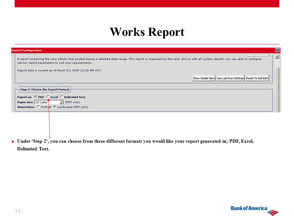14 | Works Report Under ‘Step 2’, you can choose from three different formats you would like your report generated in; PDF, Excel, Delimited Text.