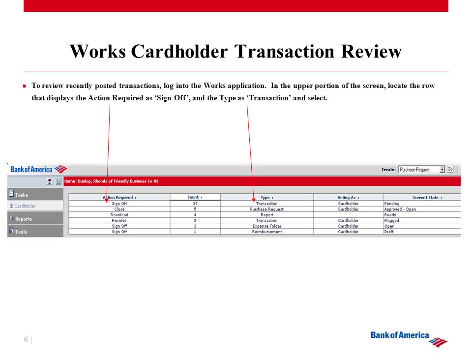 6 | Works Cardholder Transaction Review To review recently posted transactions, log into the Works application.