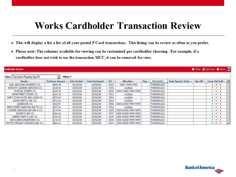 7 | Works Cardholder Transaction Review This will display a list a list of all your posted P Card transactions.
