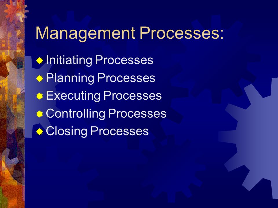 Management Processes:  Initiating Processes  Planning Processes  Executing Processes  Controlling Processes  Closing Processes