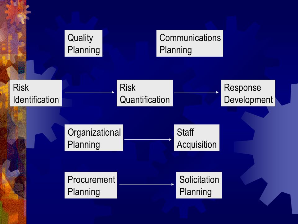 Quality Planning Communications Planning Risk Identification Risk Quantification Response Development Organizational Planning Staff Acquisition Procurement Planning Solicitation Planning