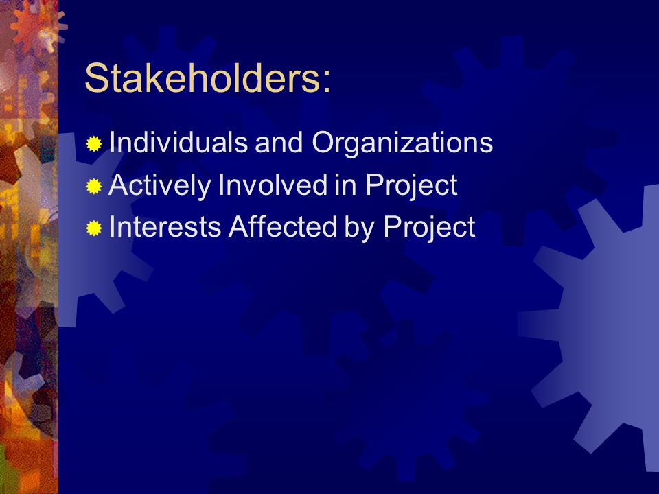 Stakeholders:  Individuals and Organizations  Actively Involved in Project  Interests Affected by Project
