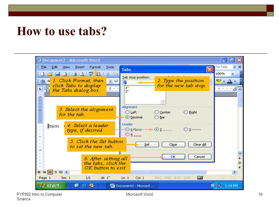 PYP002 Intro.to Computer Science Microsoft Word10 How to use tabs