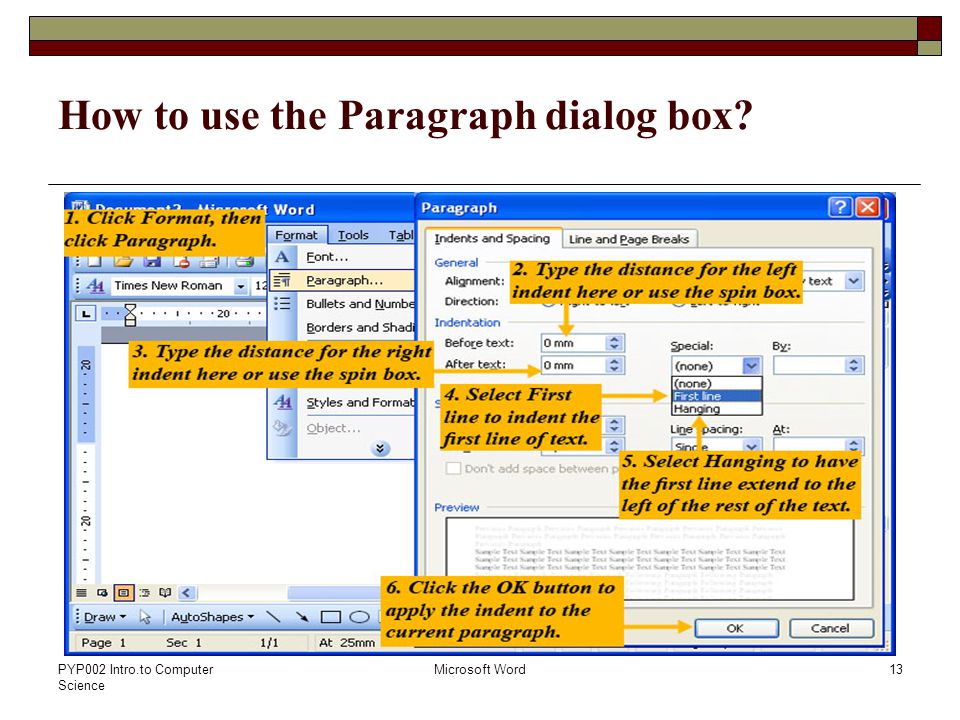 PYP002 Intro.to Computer Science Microsoft Word13 How to use the Paragraph dialog box