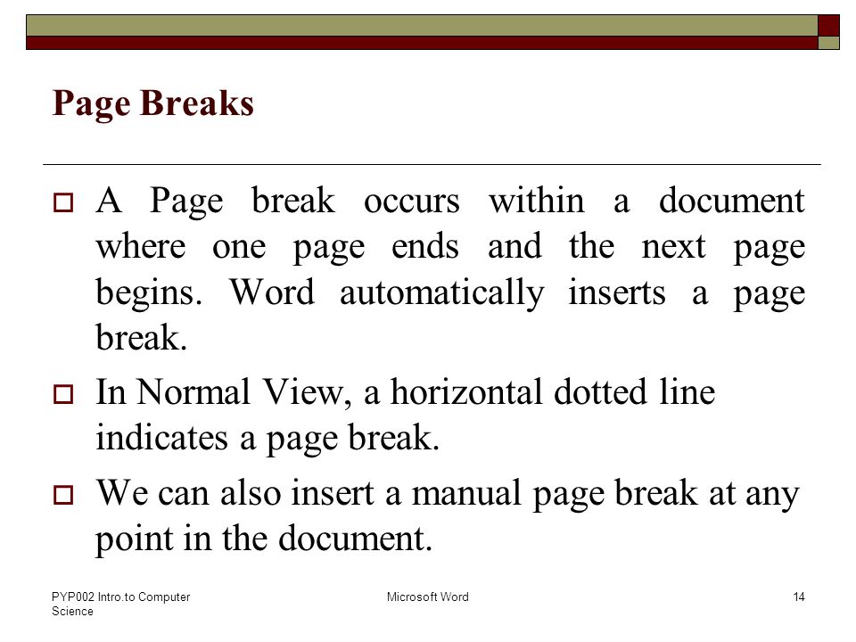 PYP002 Intro.to Computer Science Microsoft Word14 Page Breaks  A Page break occurs within a document where one page ends and the next page begins.