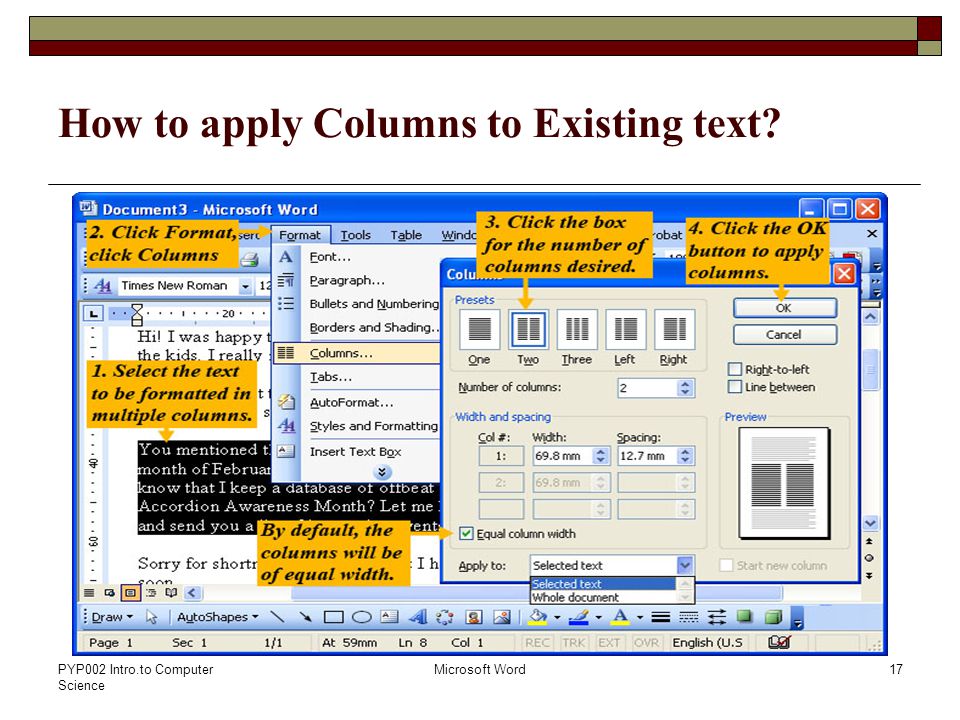 PYP002 Intro.to Computer Science Microsoft Word17 How to apply Columns to Existing text