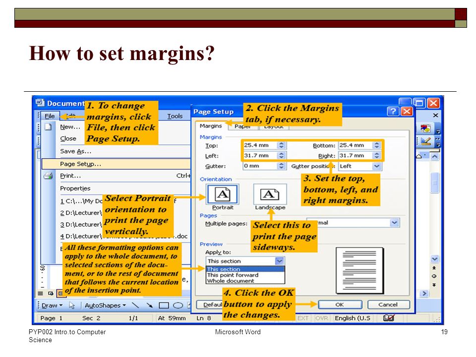 PYP002 Intro.to Computer Science Microsoft Word19 How to set margins