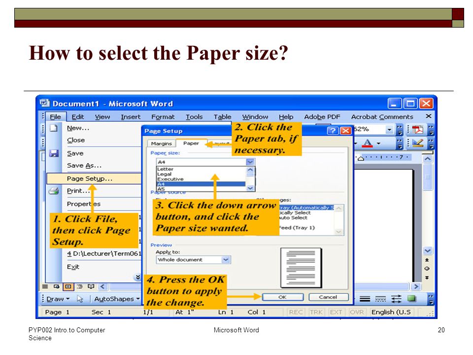 PYP002 Intro.to Computer Science Microsoft Word20 How to select the Paper size