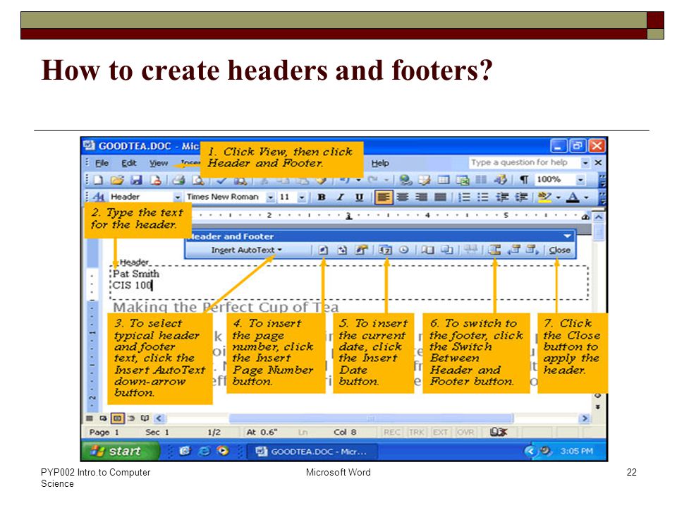 PYP002 Intro.to Computer Science Microsoft Word22 How to create headers and footers