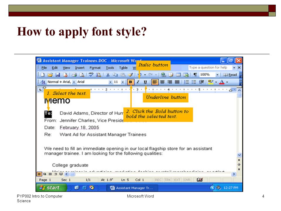 PYP002 Intro.to Computer Science Microsoft Word4 How to apply font style