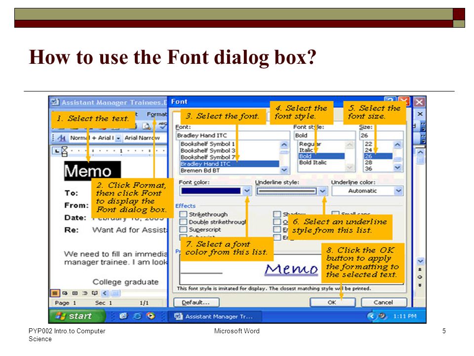 PYP002 Intro.to Computer Science Microsoft Word5 How to use the Font dialog box