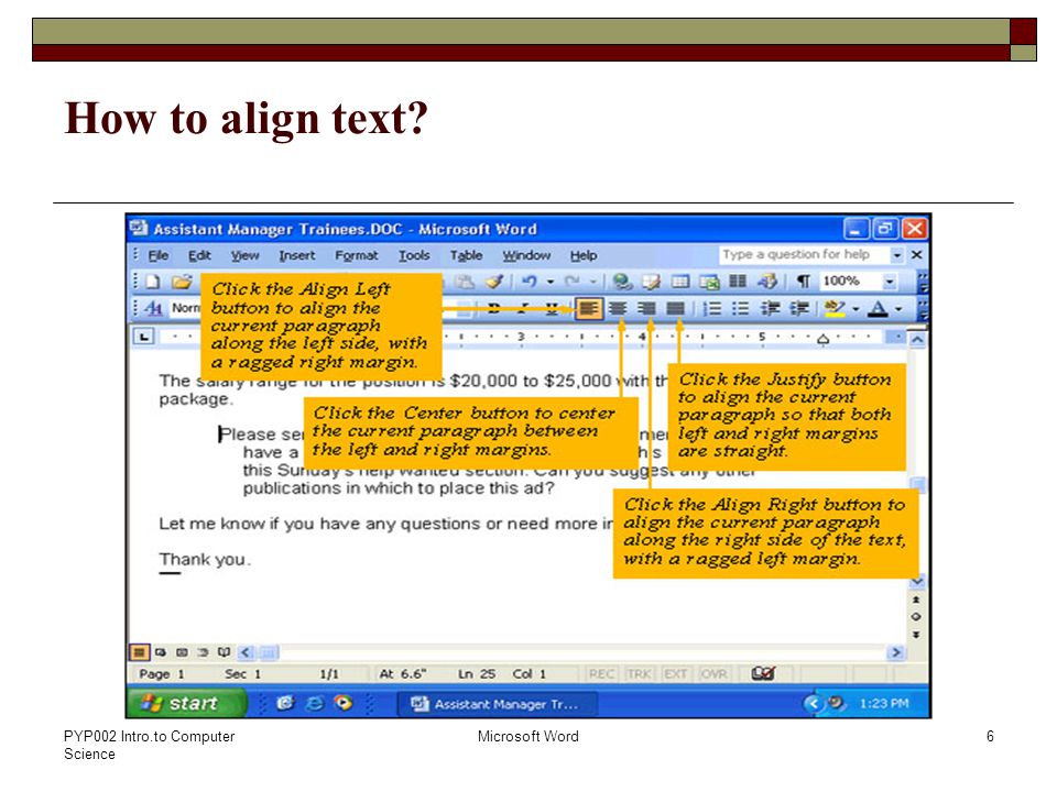 PYP002 Intro.to Computer Science Microsoft Word6 How to align text