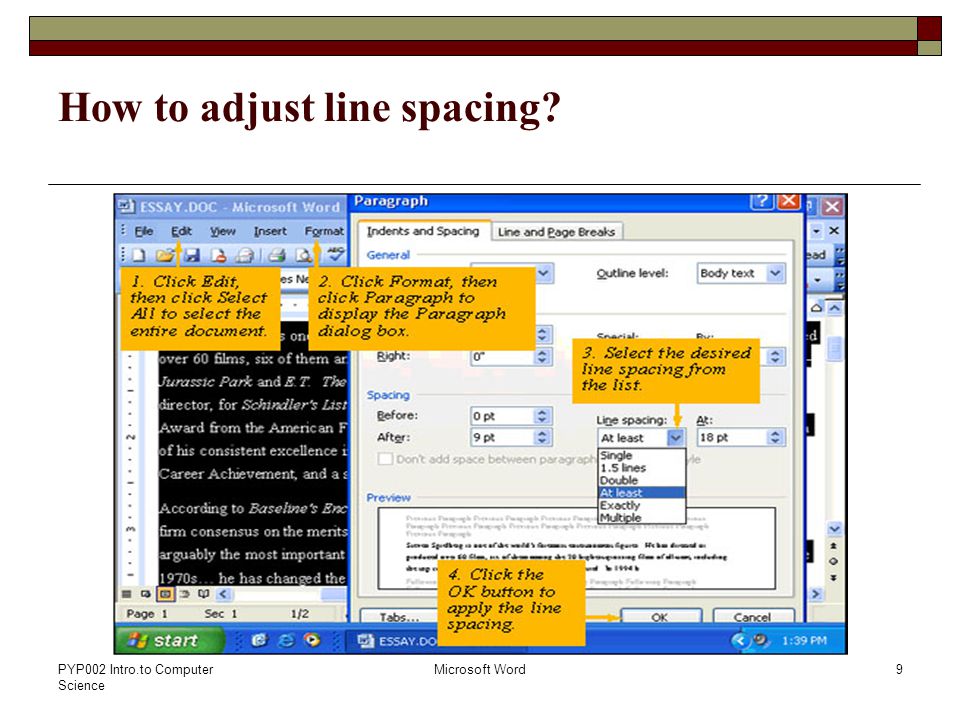PYP002 Intro.to Computer Science Microsoft Word9 How to adjust line spacing